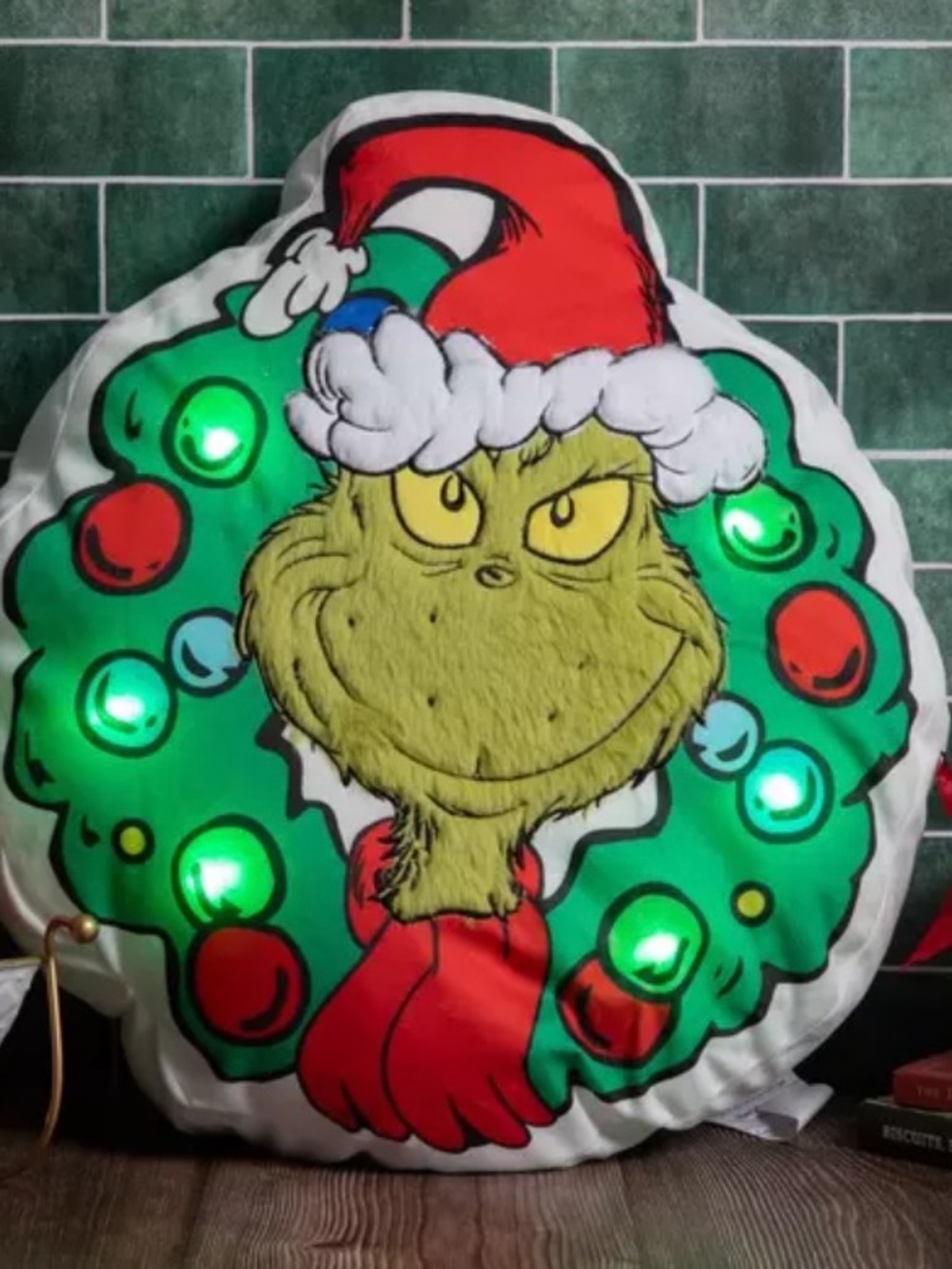 The Grinch LED Holiday Wreath Pillow - Green & Red